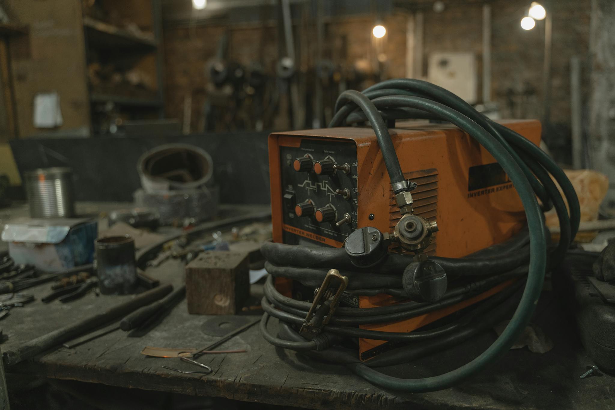 Close-up of a welding machine in an industrial workshop setting.